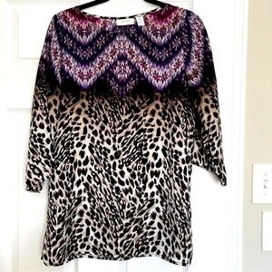 CHICOS Women’s Sz 0 Leopard Painterly Thin Pullover Tunic top purple